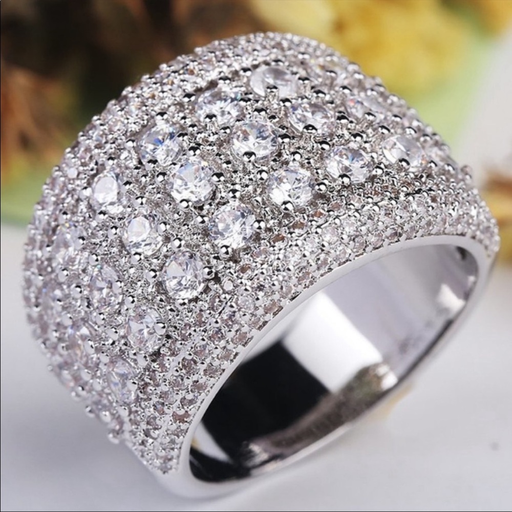 NEW 925 SILVER ROUND DIAMOND PAVE WIDE BAND RING - Picture 8 of 8